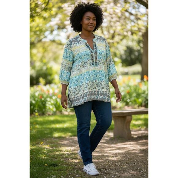 JM Collection Tunic 12 Geometric Print Blue Yellow Beaded Cotton Slit Pullover - Picture 1 of 12